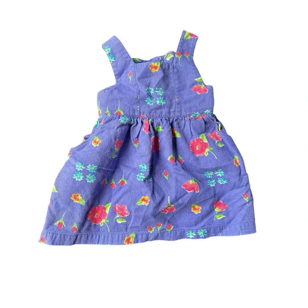 VTG OshKosh Girls Overall Pinafore Dress Purple Spring Floral Waffle Weave Sz 2T